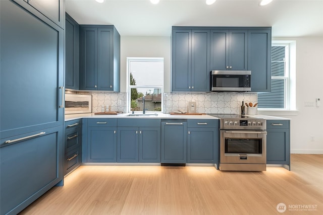 3639 34th Ave W Unit B, Seattle, WA 98199 - kitchen featuring appliances with stainless steel finishes, a sink, light wood-style floors, tasteful backsplash, and light countertops