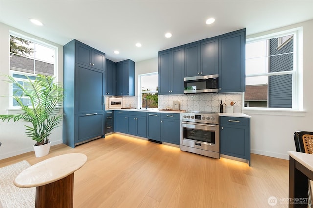 3639 34th Ave W Unit B, Seattle, WA 98199 - kitchen with appliances with stainless steel finishes, blue cabinetry, light wood-style flooring, and recessed lighting