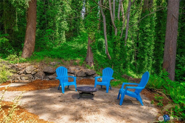 10507 48th St E, Edgewood, WA 98372 - view of yard featuring a fire pit, a patio, and a wooded view