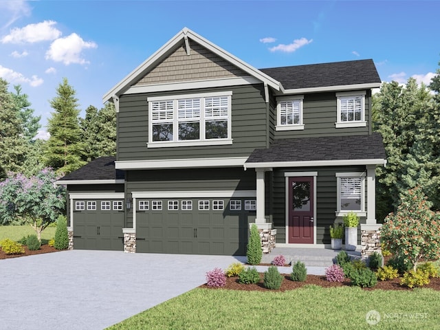 768 SE 11th Pl Lot 05, North Bend, WA 98045 - craftsman-style home with concrete driveway, roof with shingles, stone siding, and a front yard