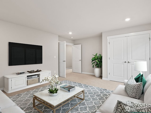 768 SE 11th Pl Lot 05, North Bend, WA 98045 - living room featuring light carpet, recessed lighting, and baseboards