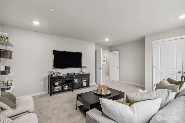 768 SE 11th Pl Lot 05, North Bend, WA 98045 - living room featuring light colored carpet, baseboards, and recessed lighting
