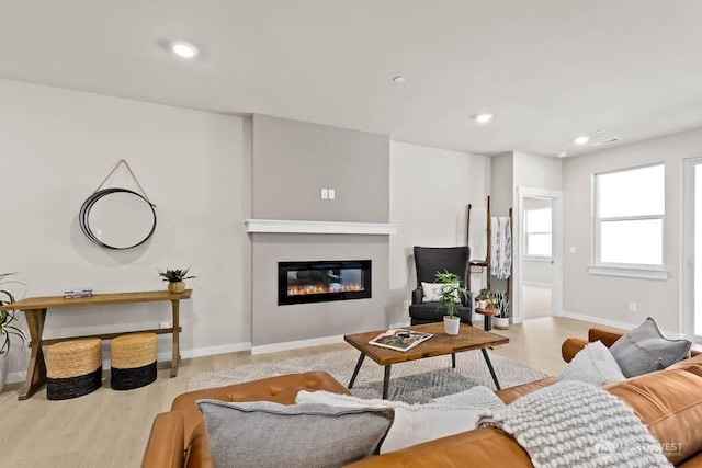 716 SE 11th Pl Unit 7, North Bend, WA 98045 - living area featuring a glass covered fireplace, wood finished floors, recessed lighting, and baseboards