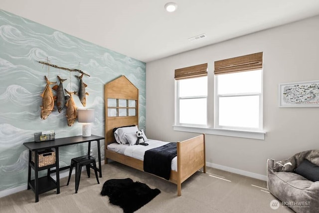 716 SE 11th Pl Unit 7, North Bend, WA 98045 - bedroom featuring baseboards, light colored carpet, and wallpapered walls