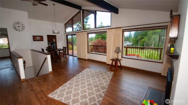 161 E Connemara Way, Shelton, WA 98584 - living room featuring beam ceiling, wood finished floors, a ceiling fan, high vaulted ceiling, and baseboards