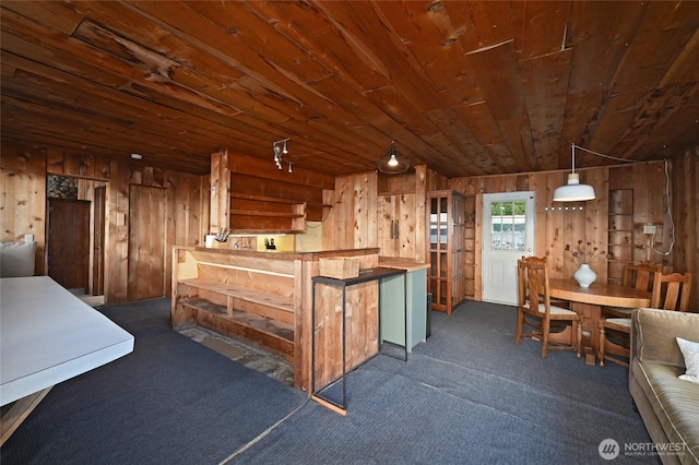8204 Naketa Beach Walk, Mukilteo, WA 98275 - kitchen featuring wood ceiling, wooden walls, dark carpet, and butcher block counters