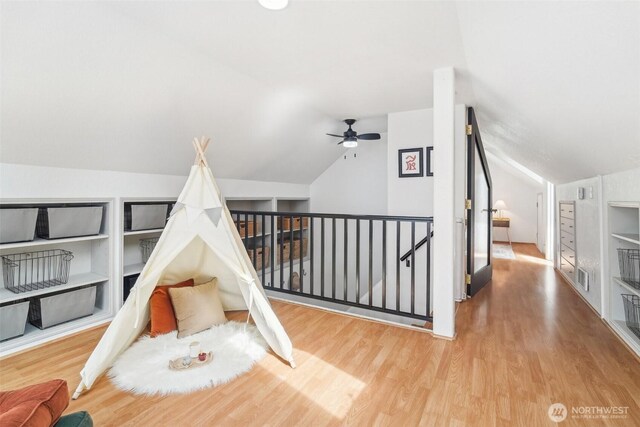 603 NW 52nd St, Seattle, WA 98107 - game room featuring wood finished floors, lofted ceiling, and a ceiling fan