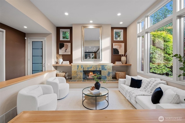 530 Alexander Ave, Kirkland, WA 98033 - living area with recessed lighting and a tiled fireplace