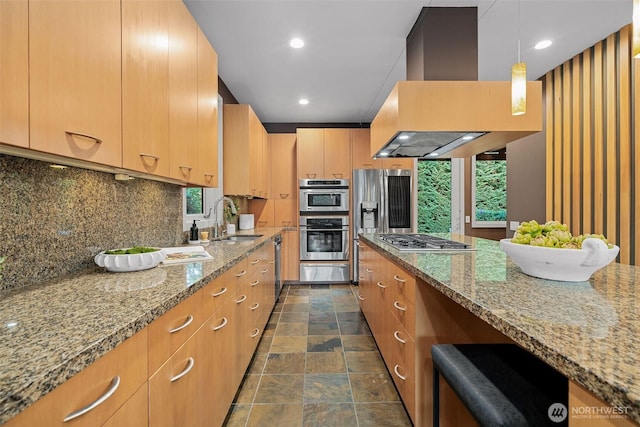 530 Alexander Ave, Kirkland, WA 98033 - kitchen with exhaust hood, a sink, appliances with stainless steel finishes, a warming drawer, and stone finish flooring