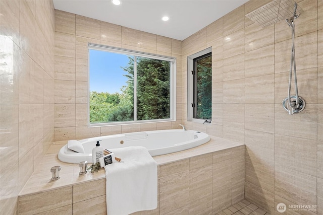 530 Alexander Ave, Kirkland, WA 98033 - bathroom with tile walls, a bath, recessed lighting, and a tile shower