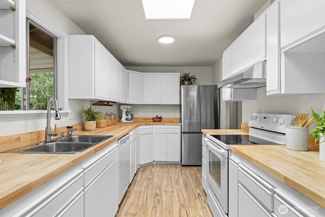 19019 Grannis Rd, Bothell, WA 98012 - kitchen featuring under cabinet range hood, stainless steel appliances, butcher block countertops, a sink, and white cabinets