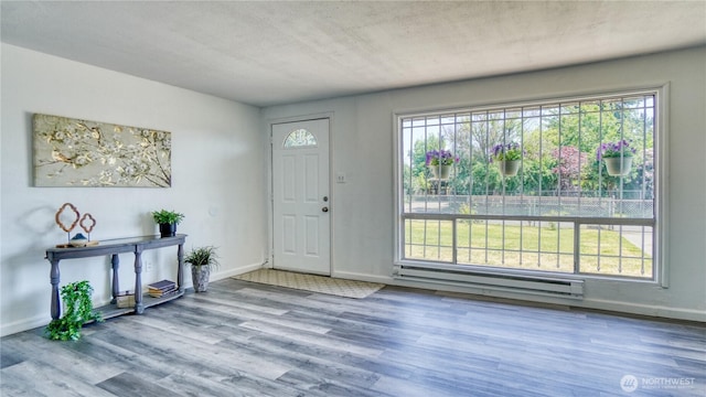 4821 101st St SW, Lakewood, WA 98499 - entrance foyer featuring a baseboard heating unit, plenty of natural light, wood finished floors, and baseboards