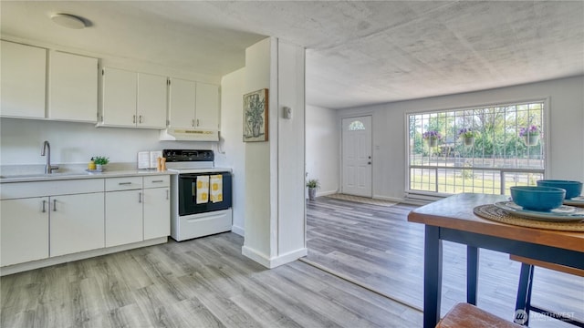 4821 101st St SW, Lakewood, WA 98499 - kitchen featuring white range with electric cooktop, under cabinet range hood, a sink, light countertops, and light wood-type flooring