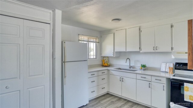 4821 101st St SW, Lakewood, WA 98499 - kitchen with freestanding refrigerator, a sink, electric range, exhaust hood, and white cabinetry