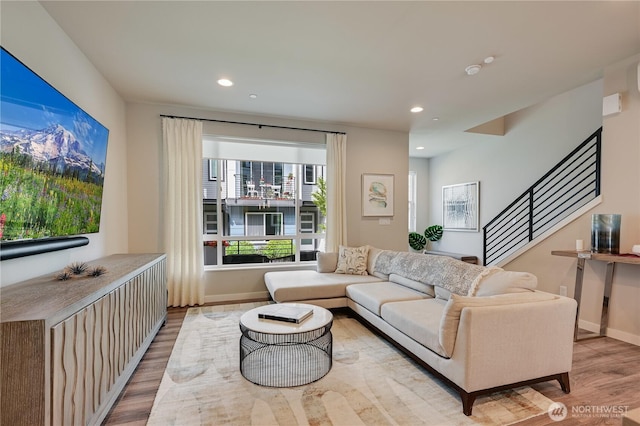 2349 N 147th St Unit B, Shoreline, WA 98133 - living room featuring wood finished floors, stairway, recessed lighting, and baseboards