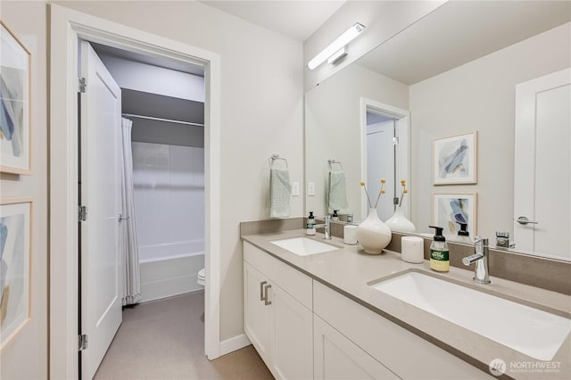 2349 N 147th St Unit B, Shoreline, WA 98133 - bathroom featuring double vanity, toilet, and shower / bathtub combination with curtain