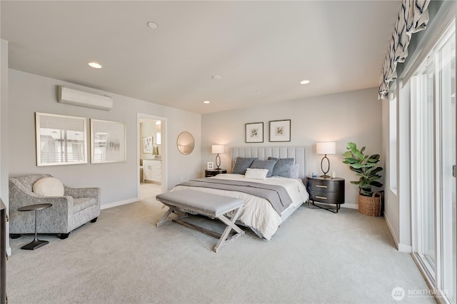 2349 N 147th St Unit B, Shoreline, WA 98133 - bedroom featuring an AC wall unit, light carpet, baseboards, recessed lighting, and ensuite bathroom