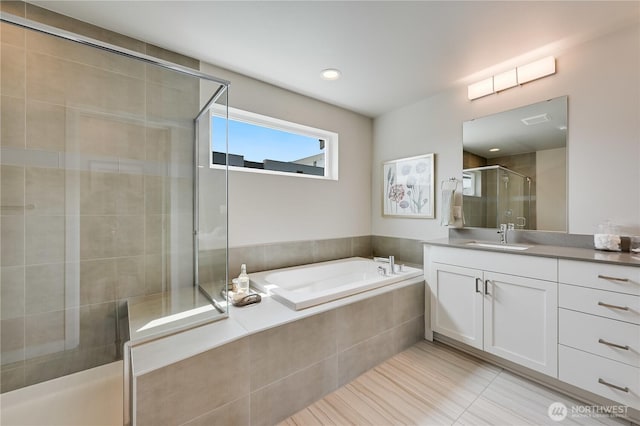 2349 N 147th St Unit B, Shoreline, WA 98133 - full bath with vanity, a stall shower, a bath, tile patterned floors, and recessed lighting
