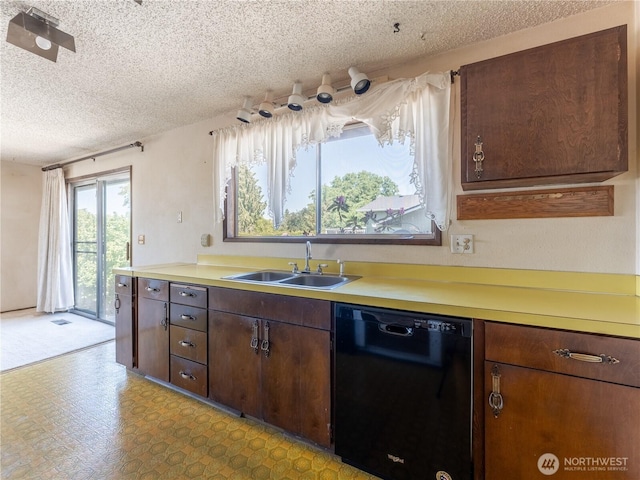 604 N Larch Ave, East Wenatchee, WA 98802 - kitchen featuring black dishwasher, a sink, light countertops, a textured ceiling, and light floors