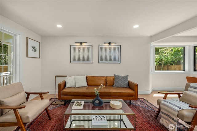 7201 Seward Park Ave S, Seattle, WA 98118 - living room featuring baseboards, recessed lighting, and wood finished floors