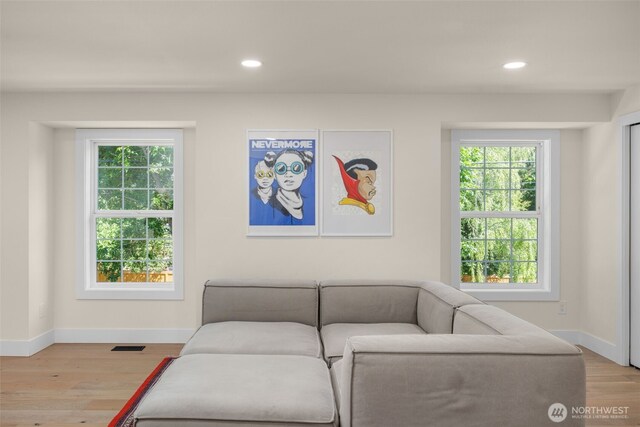 7201 Seward Park Ave S, Seattle, WA 98118 - living room featuring baseboards, wood finished floors, plenty of natural light, and recessed lighting