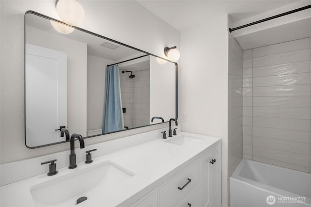 7201 Seward Park Ave S, Seattle, WA 98118 - bathroom with double vanity and shower / bath combination with curtain