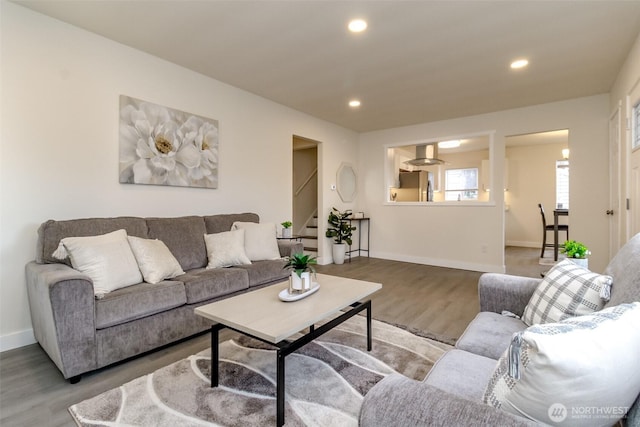 2914 S 17th St, Tacoma, WA 98405 - living room with wood finished floors, stairway, recessed lighting, and baseboards