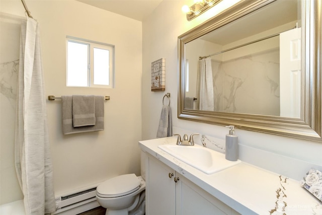 2914 S 17th St, Tacoma, WA 98405 - bathroom with a baseboard heating unit, vanity, toilet, and a shower with shower curtain