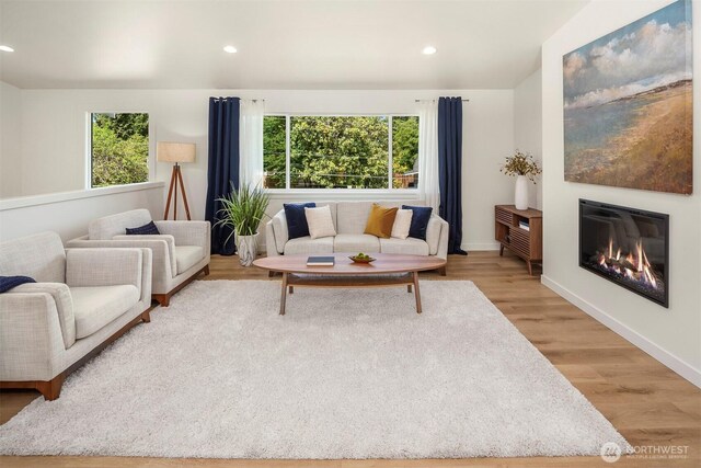 303 NE 133rd St, Seattle, WA 98125 - living room featuring plenty of natural light, wood finished floors, recessed lighting, a glass covered fireplace, and baseboards