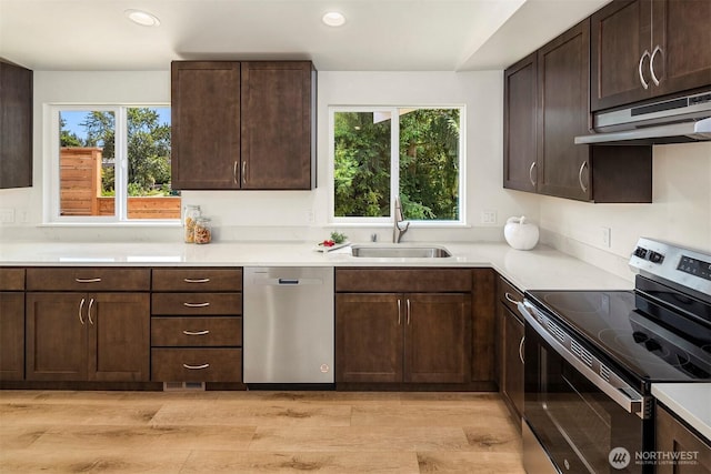 303 NE 133rd St, Seattle, WA 98125 - kitchen with stainless steel appliances, range hood, light wood-style floors, a sink, and dark brown cabinets