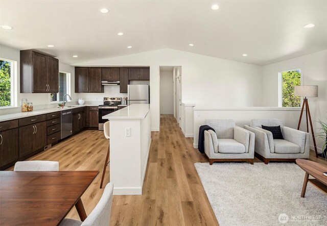 303 NE 133rd St, Seattle, WA 98125 - kitchen featuring stainless steel appliances, under cabinet range hood, dark brown cabinets, light countertops, and light wood finished floors