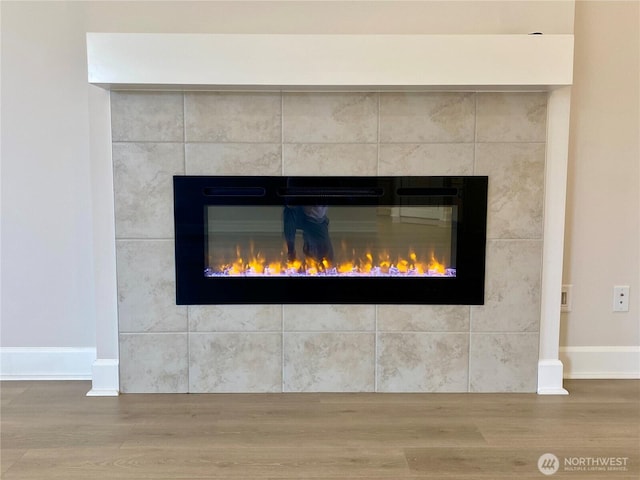 2627 Acer Loop SE, Lacey, WA 98513 - detailed view of a glass covered fireplace, wood finished floors, and baseboards