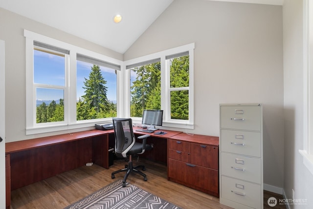 5675 E Hillcrest Dr, Port Orchard, WA 98366 - office space with light wood-style flooring, high vaulted ceiling, and recessed lighting