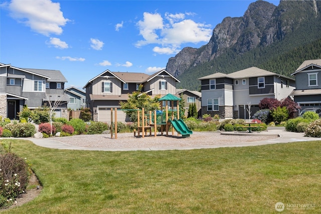 303 Vaughan Blvd NE, North Bend, WA 98045 - community jungle gym with a residential view, a yard, and a mountain view