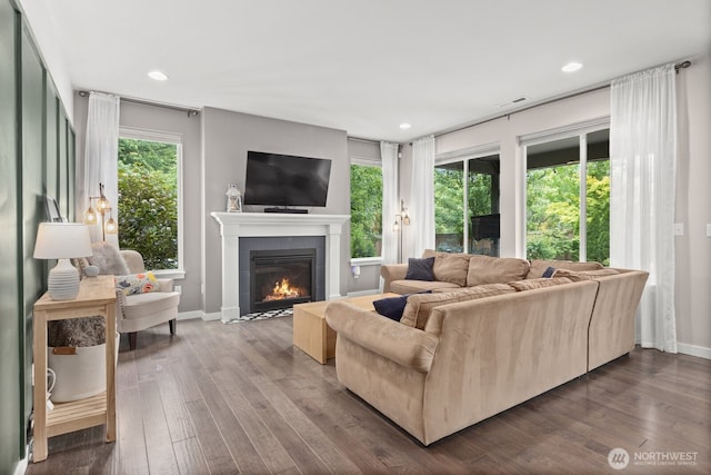 303 Vaughan Blvd NE, North Bend, WA 98045 - living area featuring a fireplace, dark wood-style flooring, recessed lighting, and baseboards