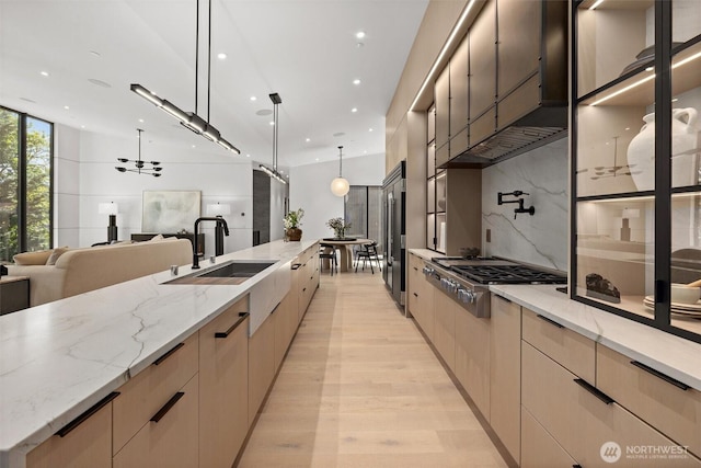 204 Northside Rd, Bellevue, WA 98004 - kitchen with stainless steel appliances, modern cabinets, a sink, tasteful backsplash, and light stone countertops