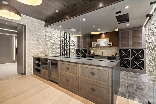 204 Northside Rd, Bellevue, WA 98004 - bar with beamed ceiling, light wood-style floors, recessed lighting, wine cooler, and a sink