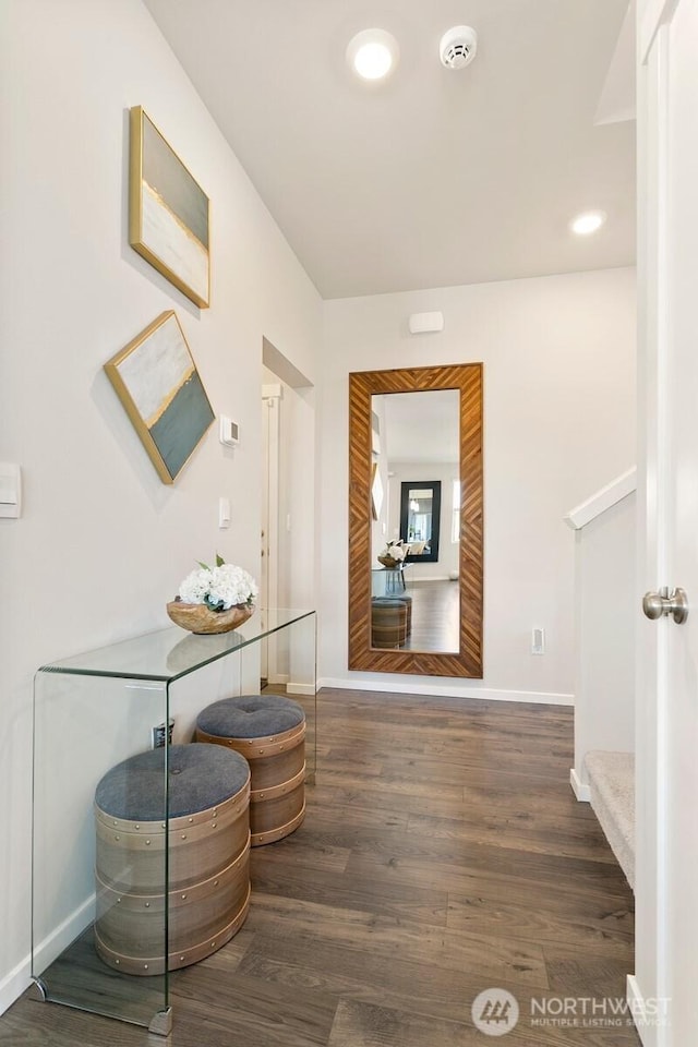 6451 Randolph Dr NE, Bremerton, WA 98311 - corridor with baseboards, wood finished floors, recessed lighting, and stairway