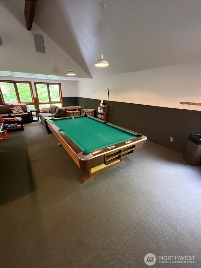 10500 Mt Baker Hwy Unit 1003, Glacier, WA 98244 - game room featuring carpet, billiards, high vaulted ceiling, and beamed ceiling