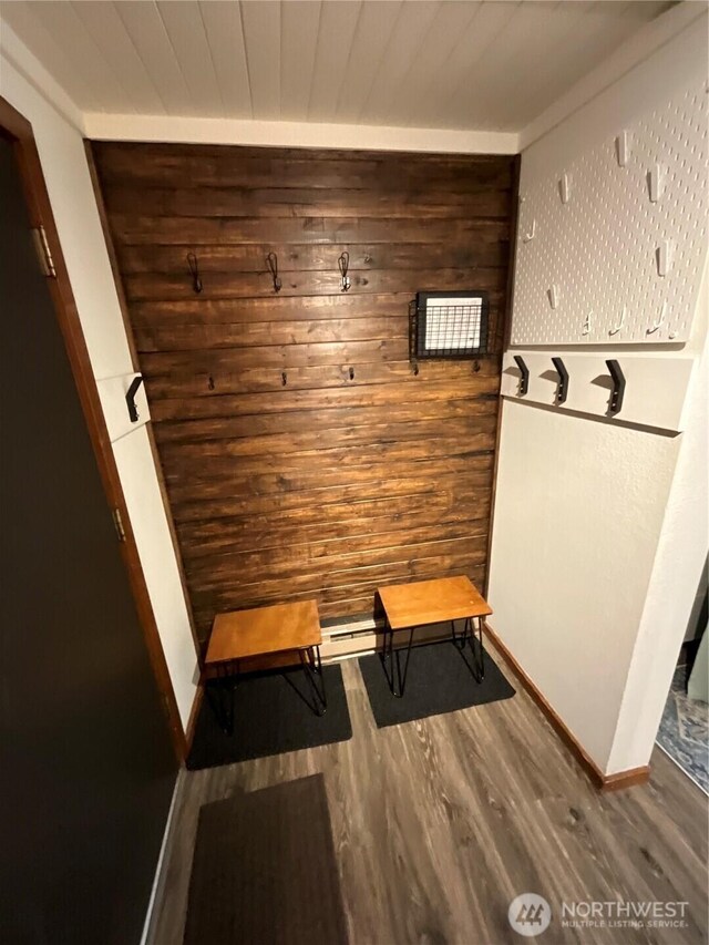 10500 Mt Baker Hwy Unit 1003, Glacier, WA 98244 - mudroom with wood finished floors, baseboards, wooden walls, and wood ceiling