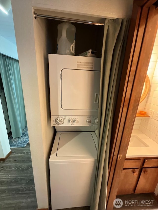 10500 Mt Baker Hwy Unit 1003, Glacier, WA 98244 - laundry area with stacked washer / drying machine and dark wood-type flooring