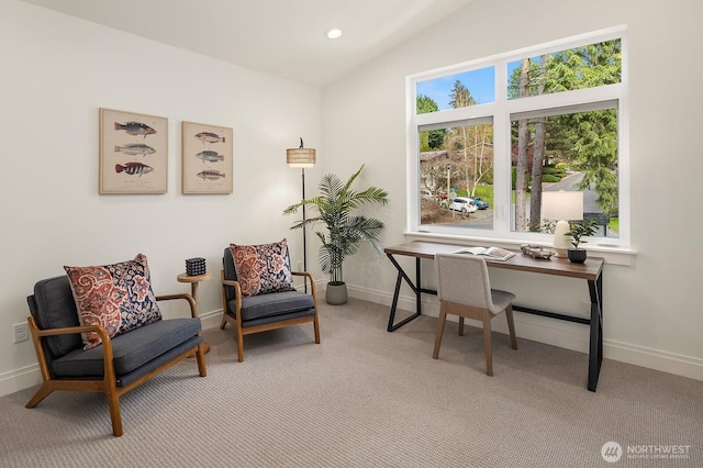 6707 117th Ave NE, Kirkland, WA 98033 - office area with vaulted ceiling, light carpet, baseboards, and recessed lighting