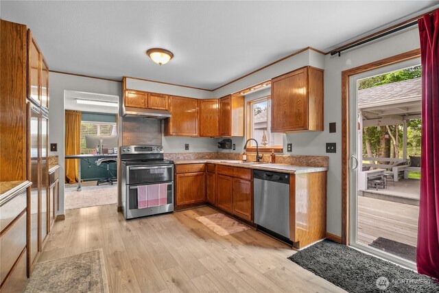 37911 300th Ave SE, Enumclaw, WA 98022 - kitchen featuring stainless steel appliances, a sink, under cabinet range hood, brown cabinetry, and healthy amount of natural light