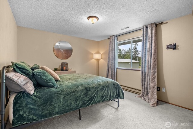 37911 300th Ave SE, Enumclaw, WA 98022 - bedroom with a baseboard heating unit, a textured ceiling, carpet floors, and baseboards