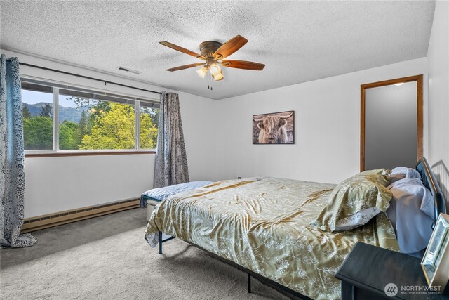 37911 300th Ave SE, Enumclaw, WA 98022 - bedroom featuring a baseboard radiator, carpet floors, a textured ceiling, a ceiling fan, and a mountain view
