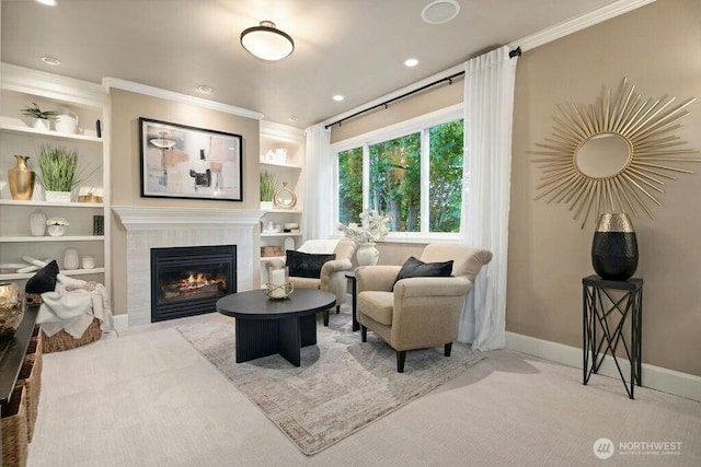 23510 14th Dr SE, Bothell, WA 98021 - carpeted living room with ornamental molding, baseboards, a tile fireplace, built in features, and recessed lighting