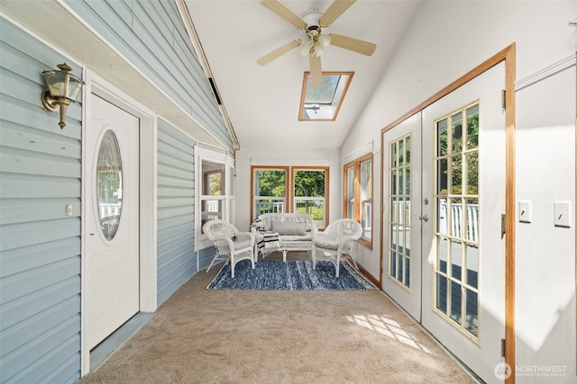 3758 Aiken Rd SE, Port Orchard, WA 98366 - sunroom featuring french doors, carpet floors, a skylight, and high vaulted ceiling