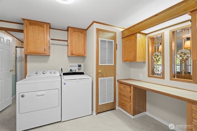 3758 Aiken Rd SE, Port Orchard, WA 98366 - washroom featuring cabinet space, washing machine and clothes dryer, a desk, light carpet, and baseboards