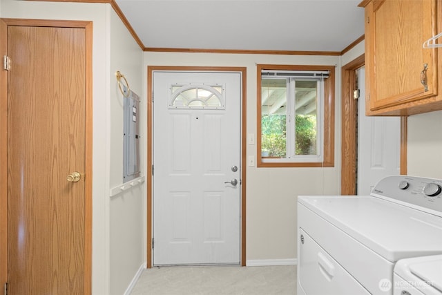 3758 Aiken Rd SE, Port Orchard, WA 98366 - laundry area with cabinet space, washer and dryer, crown molding, and baseboards