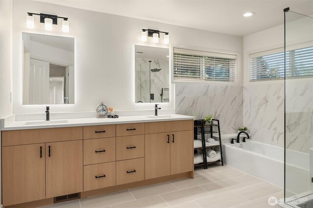 27332 SE 10th Ct, Sammamish, WA 98075 - full bath featuring a marble finish shower, double vanity, a tub, and tile patterned flooring